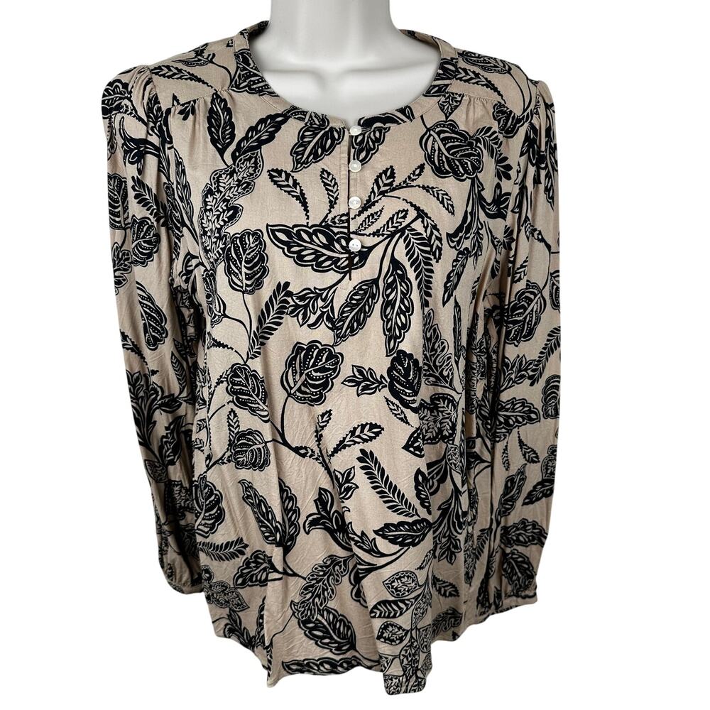 Ann Taylor Floral Blouse Top Long Sleeve Buttons Tan Black Med Classic Peasant
